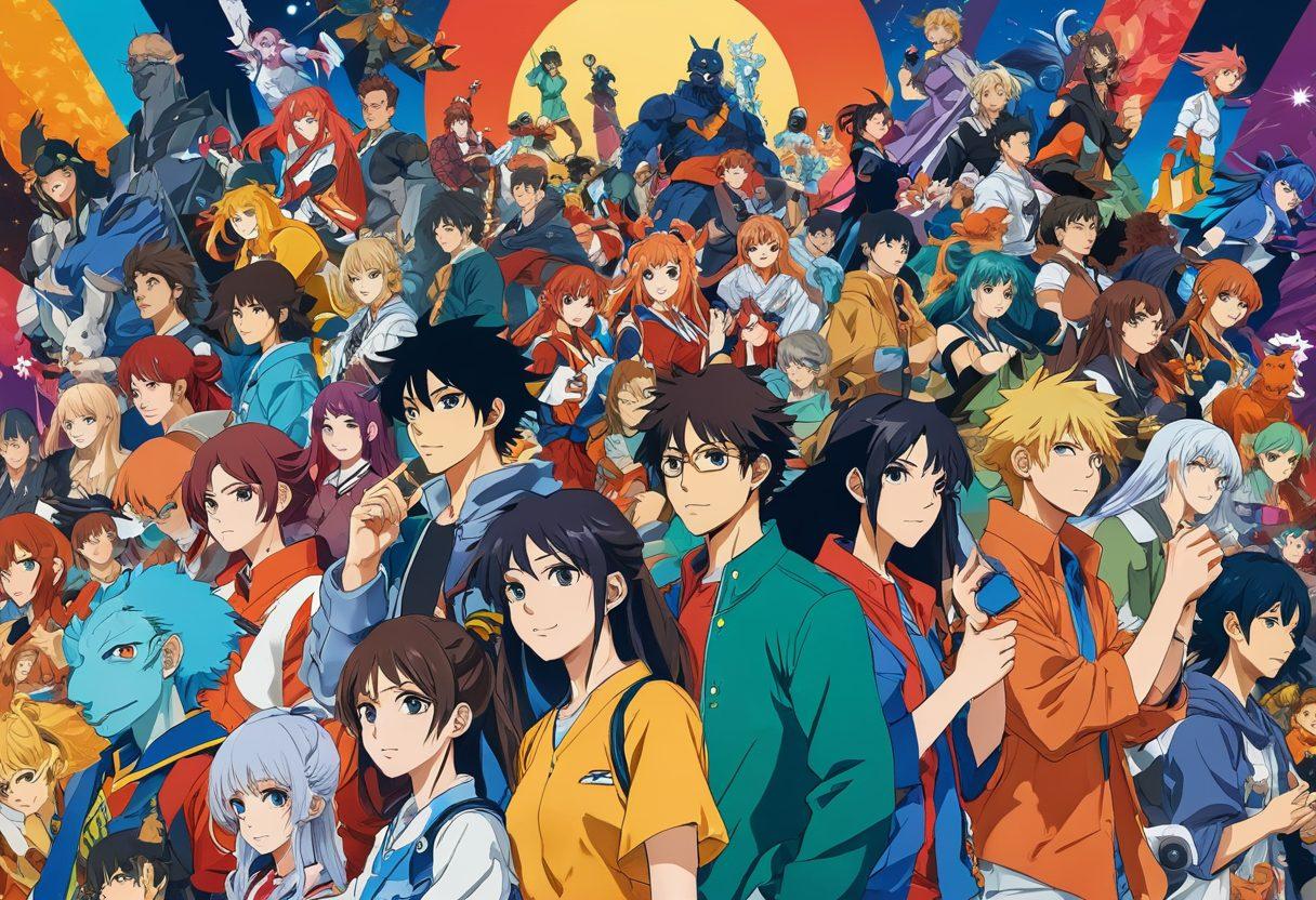 A vibrant, colorful collage featuring iconic anime characters engaging in lively activities like attending a convention, watching a film, and a lively discussion panel. Include elements like merchandise, anime posters, and fan art in the background to encapsulate the otaku culture. The scene should be dynamic and inviting, showcasing a sense of community and excitement. bright colors. 2D illustration. cartoon style.