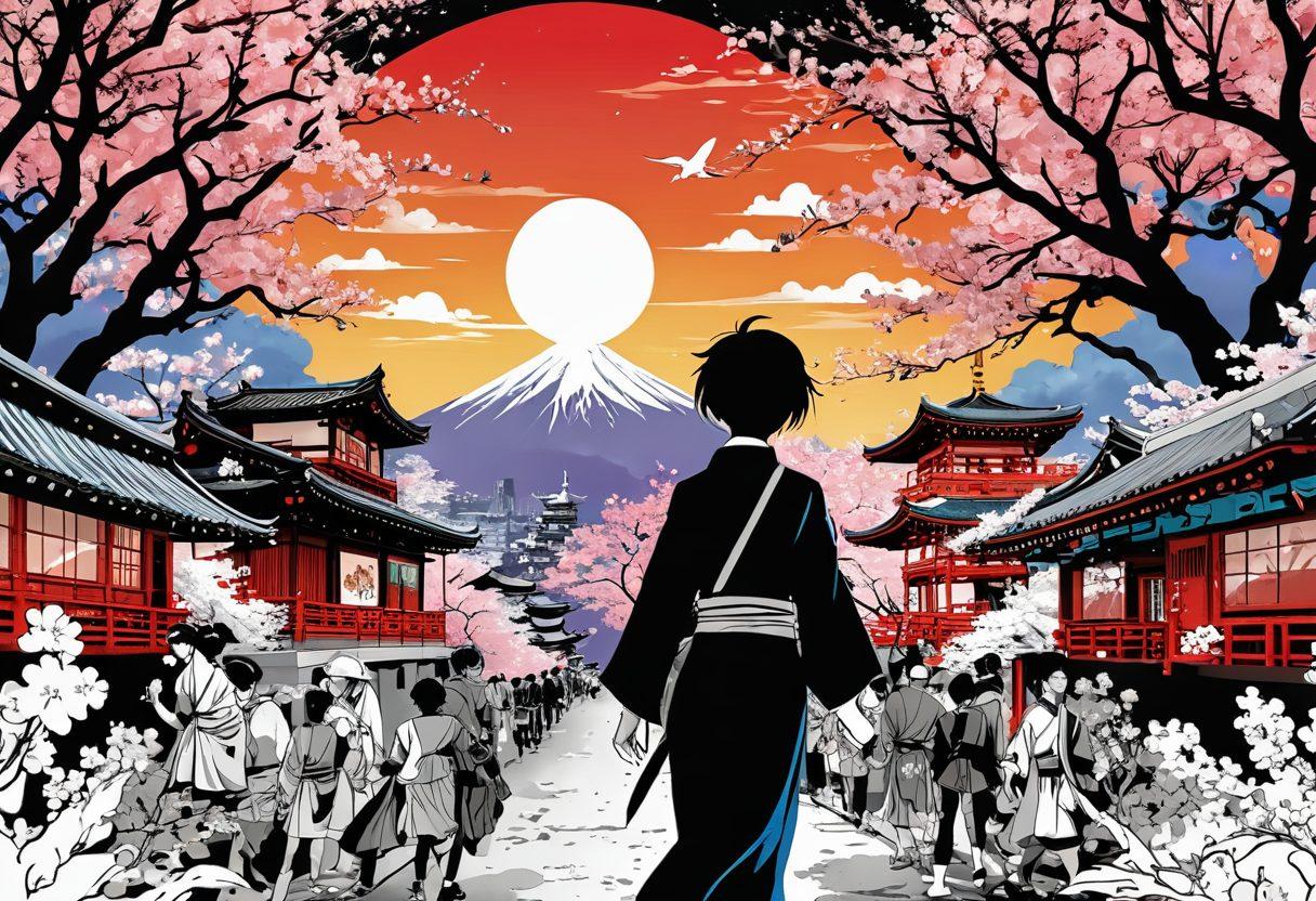 A dynamic collage showcasing iconic anime scenes transitioning into live-action adaptations, with vibrant character illustrations blending into film stills. Surrounding them are manga panels and cultural symbols, like cherry blossoms and traditional Japanese motifs. The background should be bursting with color, capturing the essence of both manga and anime culture. comic book style. vibrant colors. high contrast.